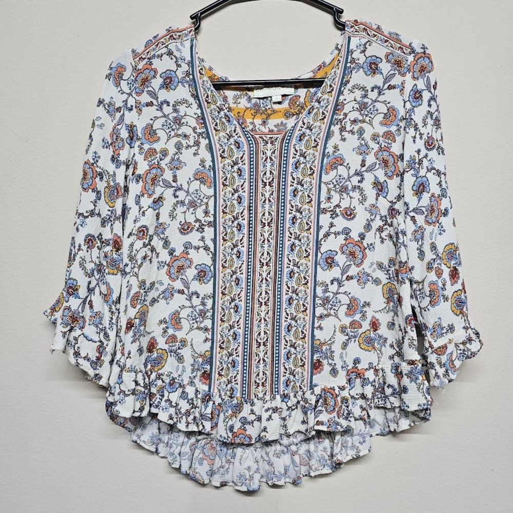 Cynthia Rowley Boho Floral‎ Blouse Ruffle Hem Mixed Print Top Women's S